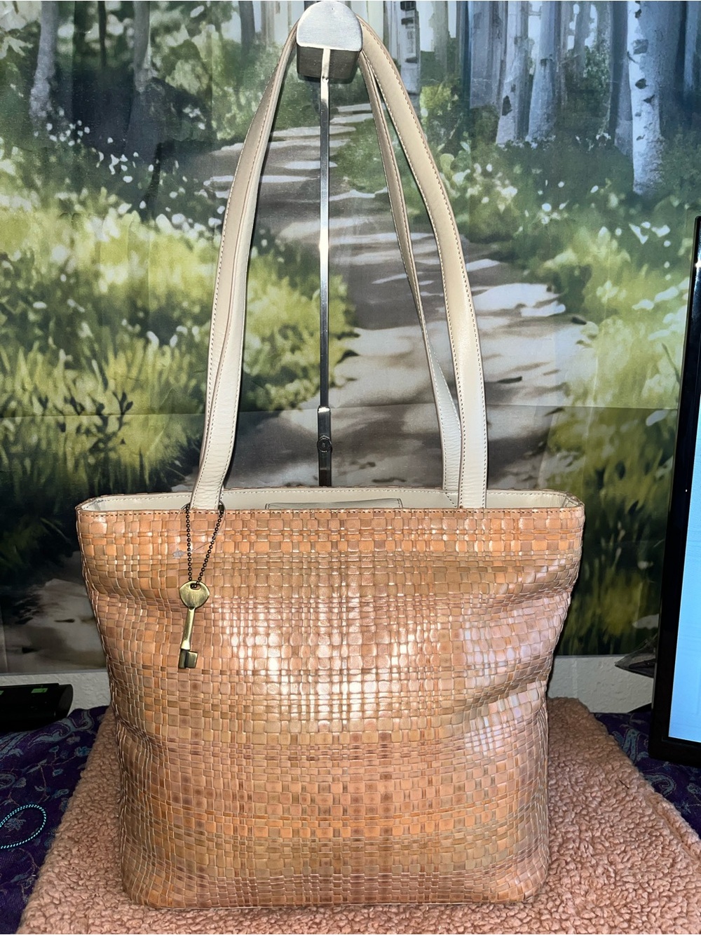Fossil Woven Leather Tote Bag in Light Tan with Cream Handles